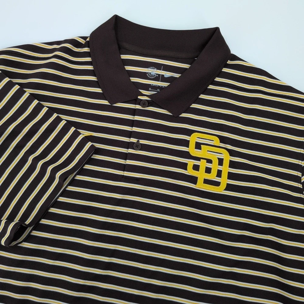 NIKE San Diego Padres Mens Dri-FIT Striped Logo Golf Polo Shirt Brown XL